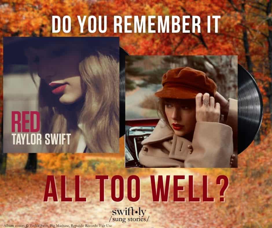 Cover image for a quiz on Taylor Swift's Red & Red (Taylor's Version) album lyrics. A colorful autumn forest background features the artist's album cover art, with title text: "Do you remember it all too well?" Swiftly Sung Stories is branded at the bottom with album image credits to Taylor Swift & Republic Records.