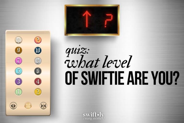Cover image for a quiz by Swiftly Sung Stories. Title text reads: "Quiz: What Level of Swiftie Are You?" A gold elevator button panel - color-coded like in Taylor Swift's Bejeweled music video - lies below a digital display. The arrow points up, like the elevator is rising, with a question mark indicating the sky is the limit for the Swiftie fandom.