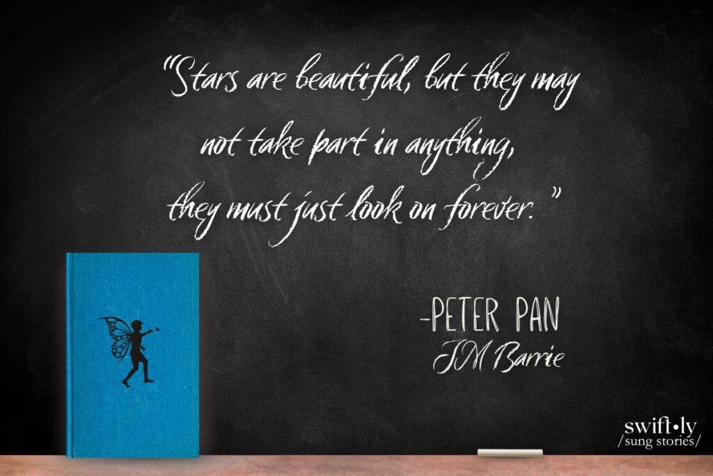 Classroom chalkboard image features a quote from JM Barrie's Peter Pan, a favorite book of Taylor Swift's to reference in her lyrics. Part of Swiftly Sung Stories' Essential Swiftie Reading List.