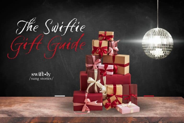 Cover image for Swiftly Sung Stories' Swiftie Gift Guide. Black classroom chalkboard features red title text: "The Swiftie Gift Guide," and a shimmering mirrorball reflects over a pile of wrapped presents. The list of gifts contained in the article are inspired by Taylor Swift's albums, eras, and lyrics.