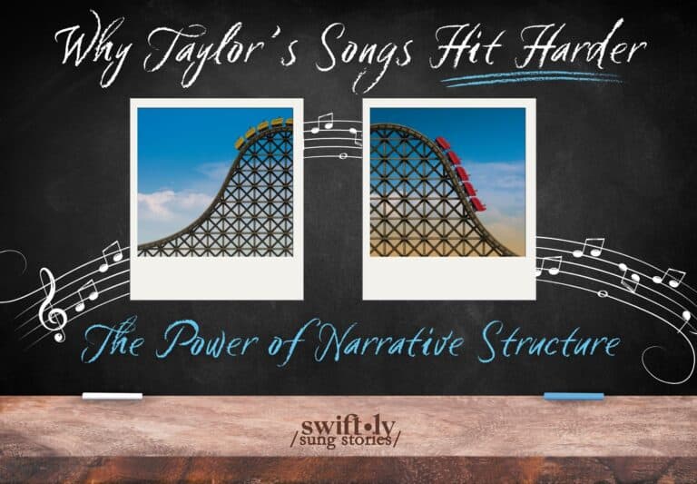 Cover image for Swiftly Sung Stories' lesson: "Why Taylor's Songs Hit Harder: The Power of Narrative Structure." A black classroom chalkboard displays polaroid photos of a roller coaster, representing Taylor Swift's use of narrative storytelling structure to create maximum emotional impact.