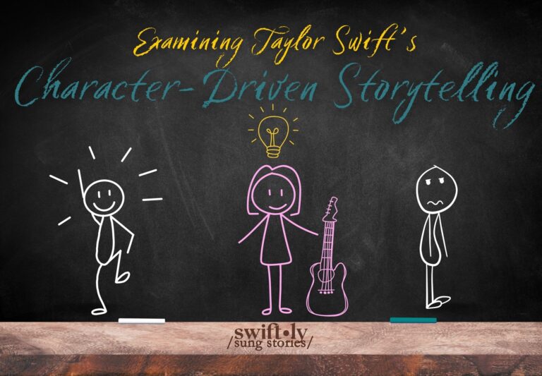 Cover image for Swiftly Sung Stories' lesson on how Taylor Swift builds characters in her lyrics. Black classroom chalkboard features title text: "Examining Taylor Swift's character-driven storytelling." Three chalk stick figures represent Taylor Swift in the middle, holding her guitar, a happy character to the left, and a sad character to the right.
