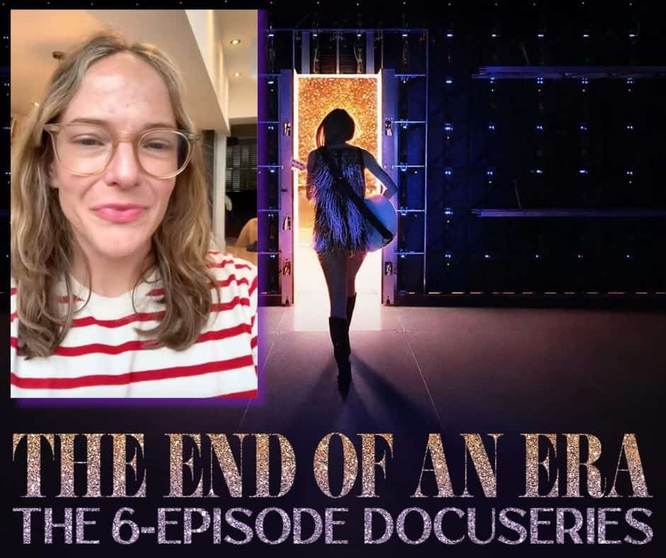 Image of Jen, creator of Swiftly Sung Stories, on a backdrop of The End of an Era docuseries poster. Jen's TikTok was featured in episode 6, "Remember This Moment." 