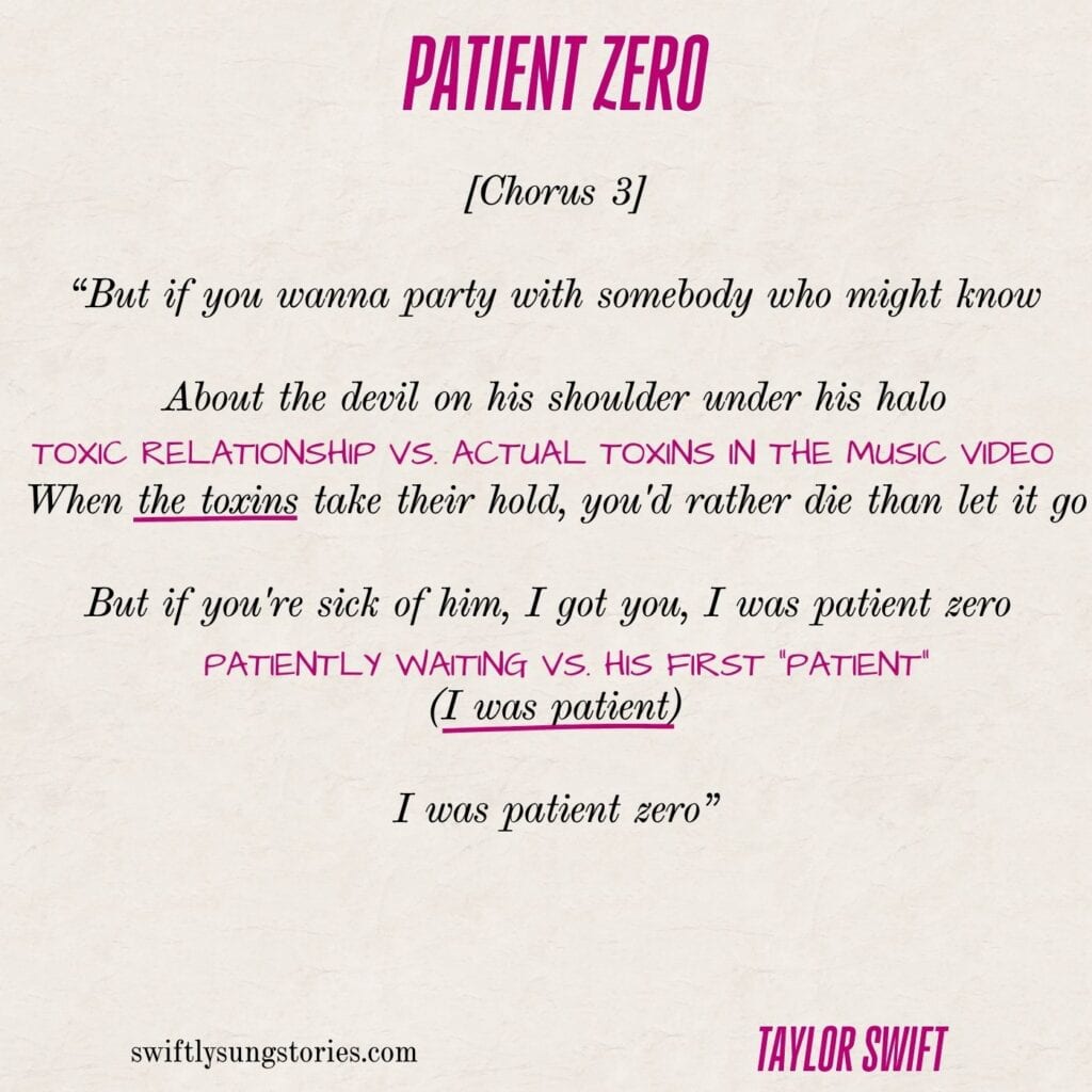 annotated lyrical analysis of the third chorus of Taylor Swift's "Patient Zero" 